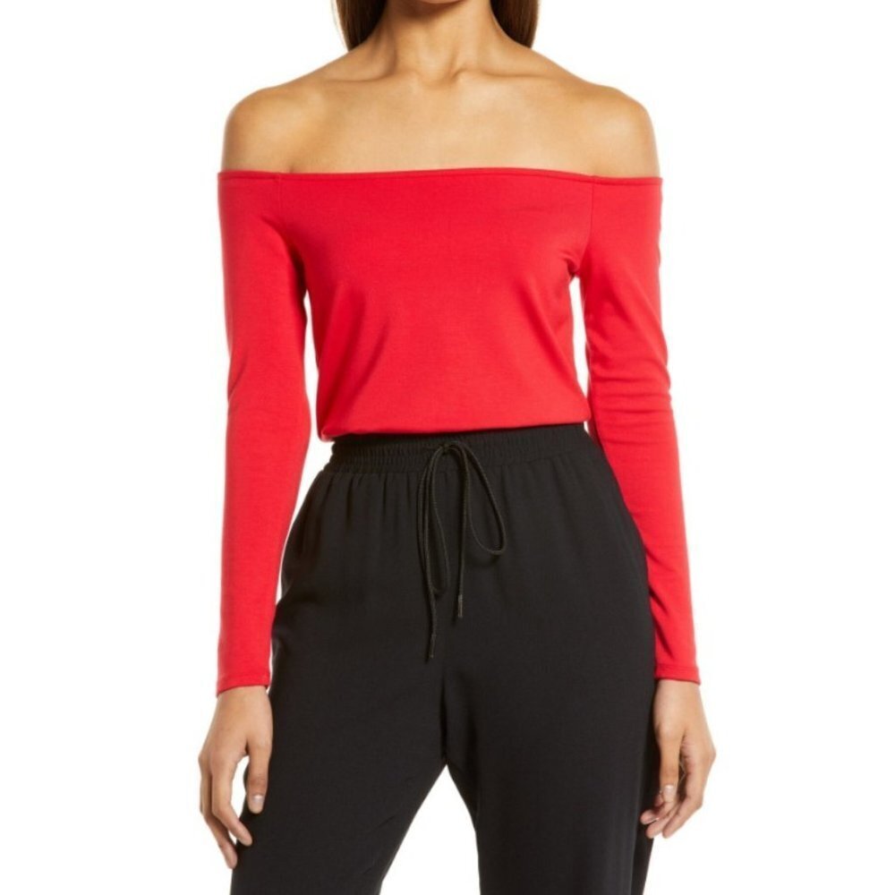 Halogen Women's Red Off The Shoulder Long Sleeve T-Shirt - XL